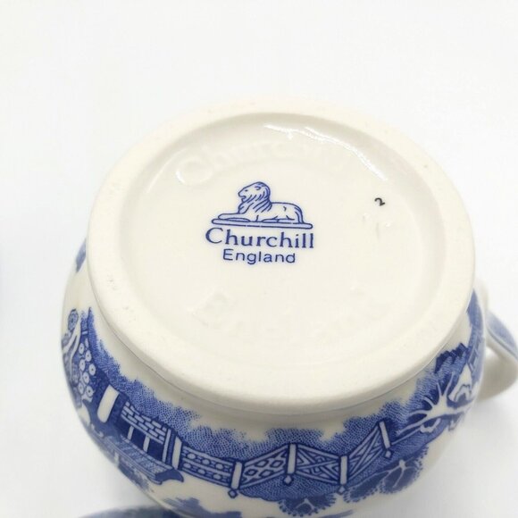 Churchill Blue Willow Creamer and Sugar Bowl with Lid-England-Vintage - Picture 5 of 10